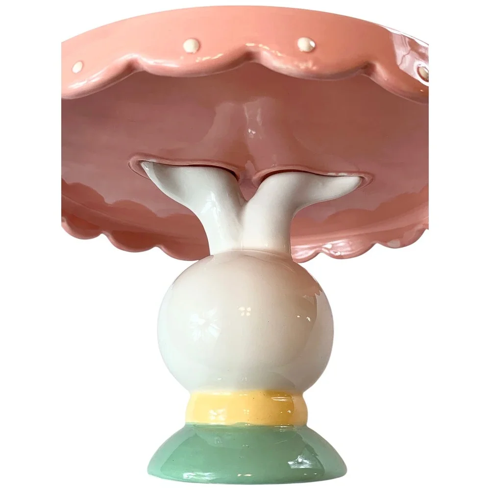 Johanna Parker Transpac Easter Bunny Cupcake Stand Pink Scalloped Ceramic 8 Inch